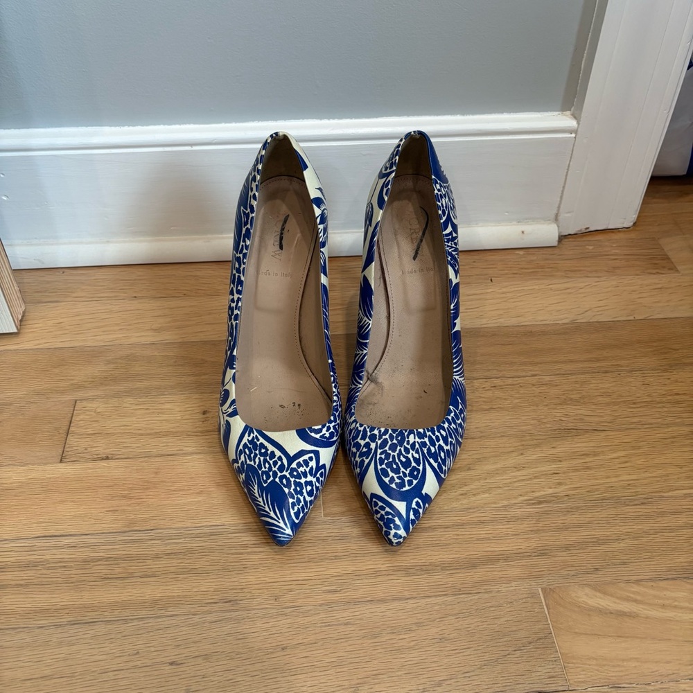 J. Crew Blue and White Patterned Heels